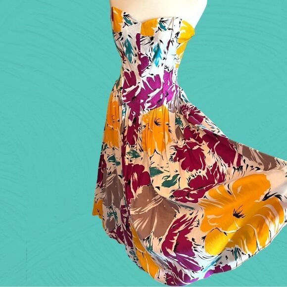 Vintage 80s sweetheart strapless drop waist cotton dress - Picture 2 of 16